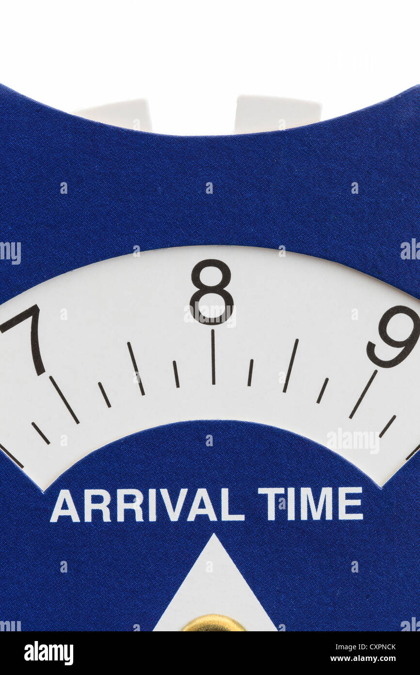 UK cardboard parking disc arrival time indicator set at 8 o'clock in the morning Stock Photo