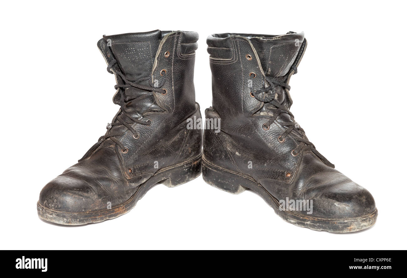 Old black army boots isolated on white Stock Photo Alamy