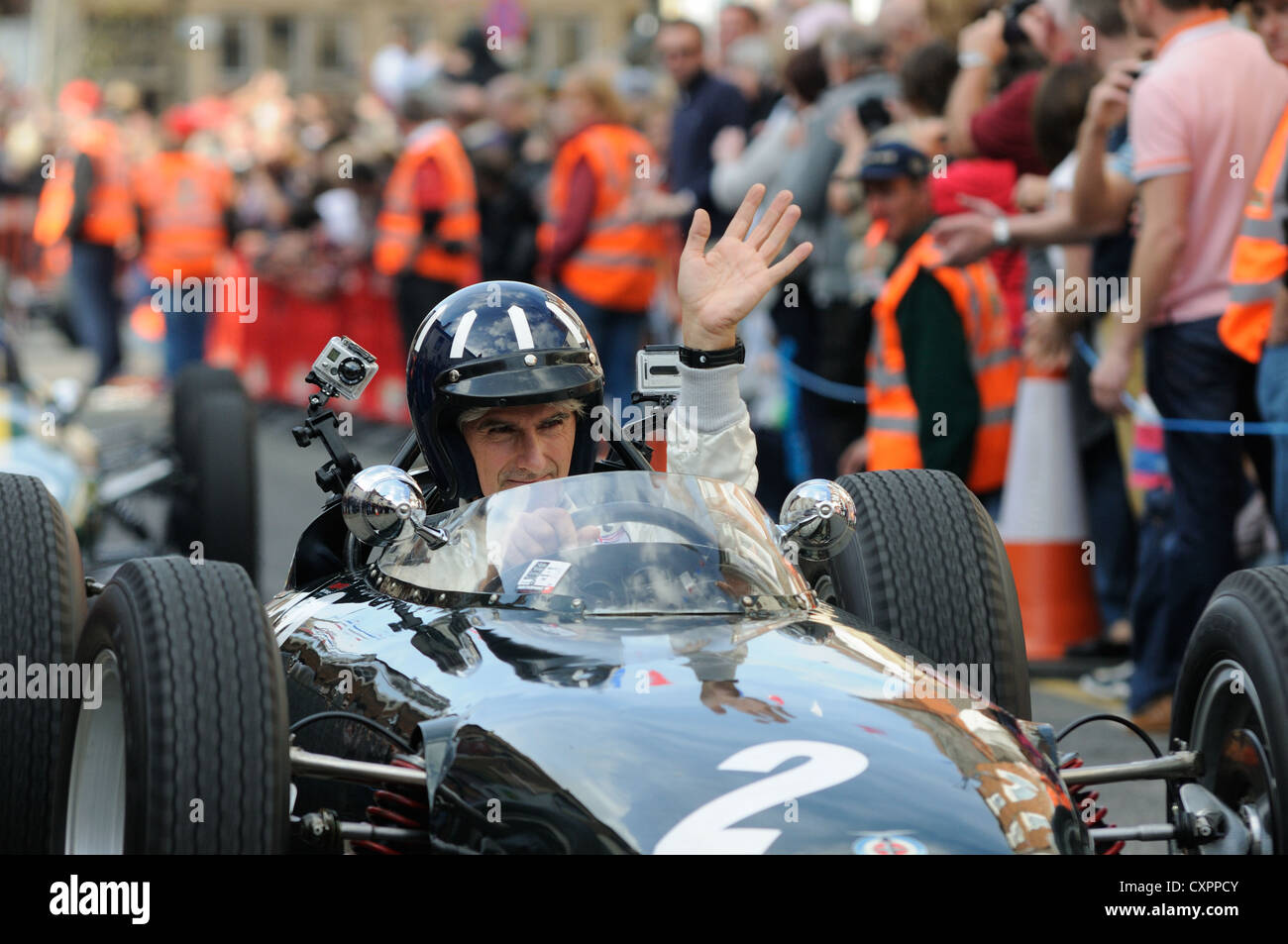 Damon Hill driving his father Graham Hill's favourite car 'Old Faithful' during the BRM Celebration Day in Bourne, Lincolnshire Stock Photo
