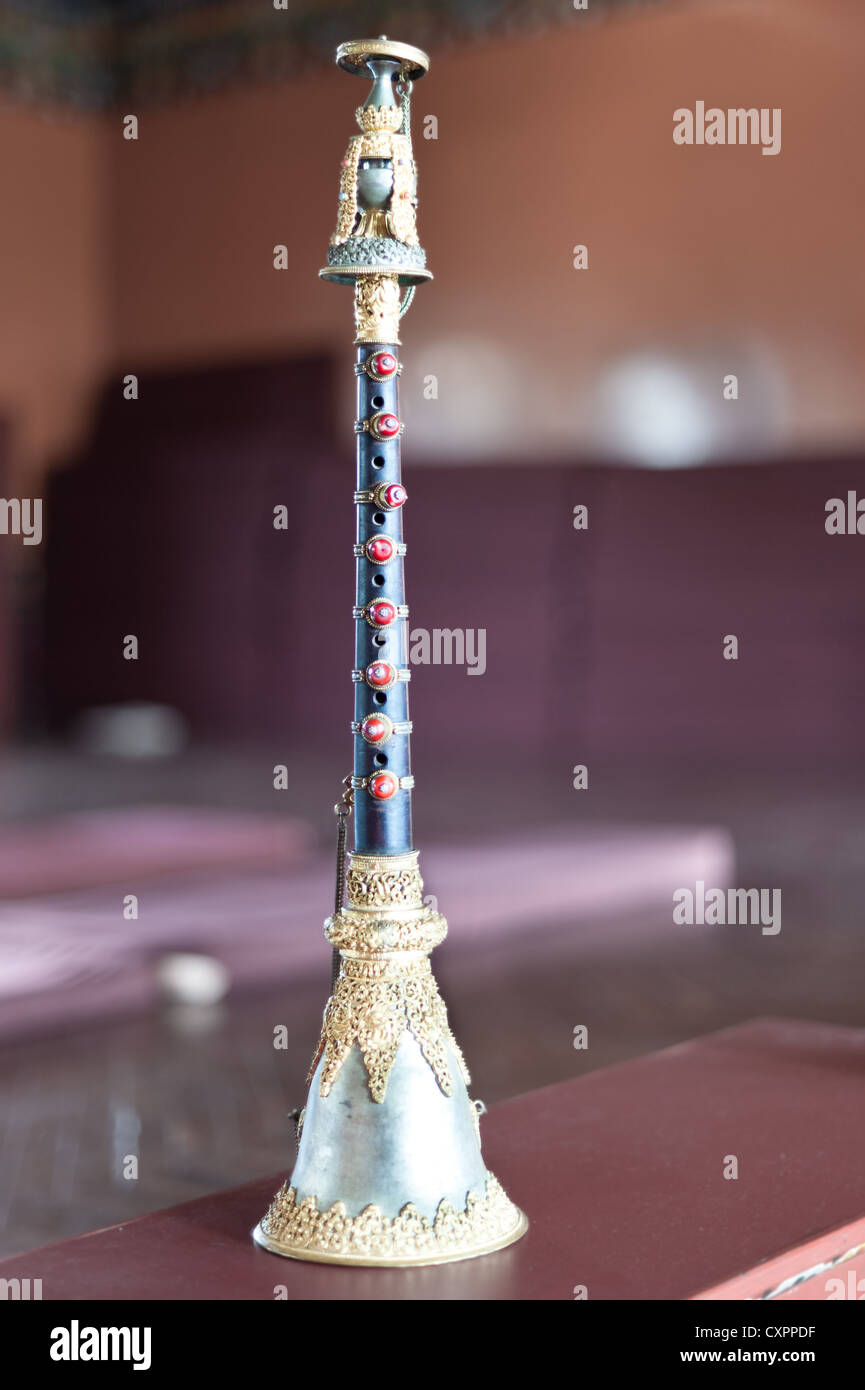 Traditional Tibetan music instrument Jogi baja horn in Kopan Monastery Stock Photo