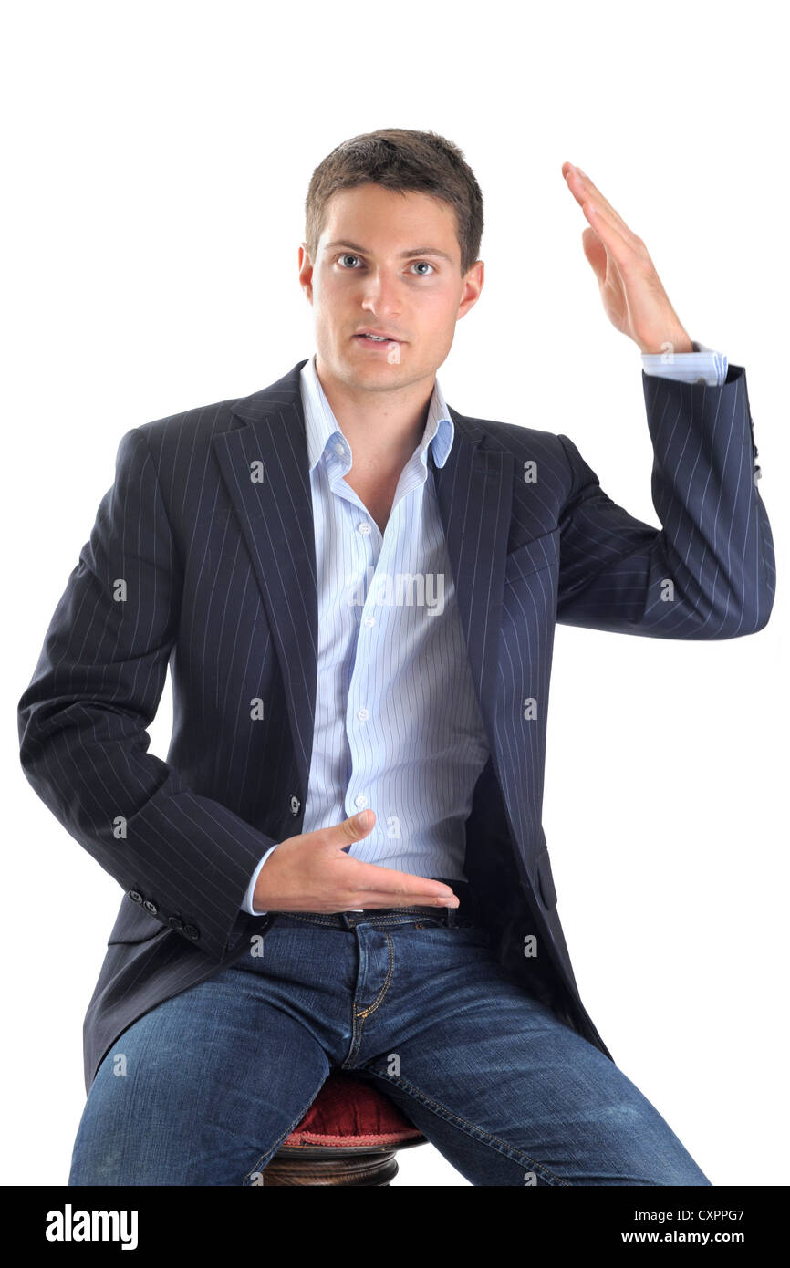 young business man with movements of hands in front of white background Stock Photo