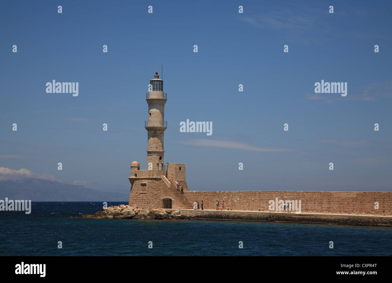 Venetian Lighthouse at the entrance to the harbour, Hania/Chania, Crete, Cyclades, Greece, Stock Photo