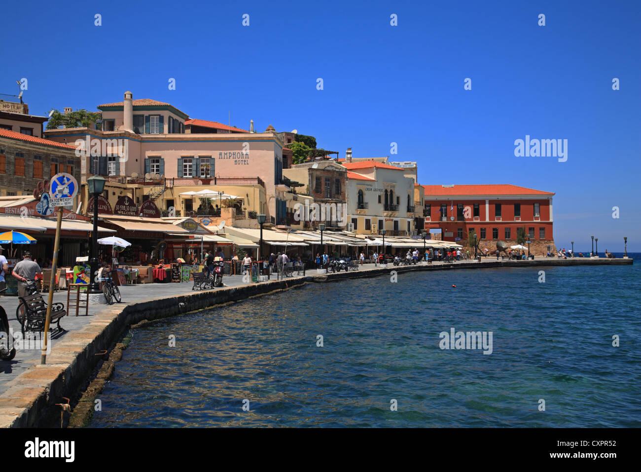 Harbour/harborside shops and café and Nautical Museum, Hania/Chania, Crete, Cyclades, Greece, Stock Photo