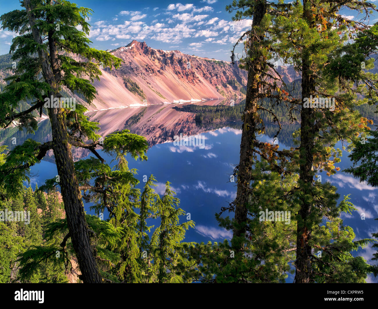 Crater Lake reflection and The Watchman peak. Crater Lake National Park, Oregon Stock Photo
