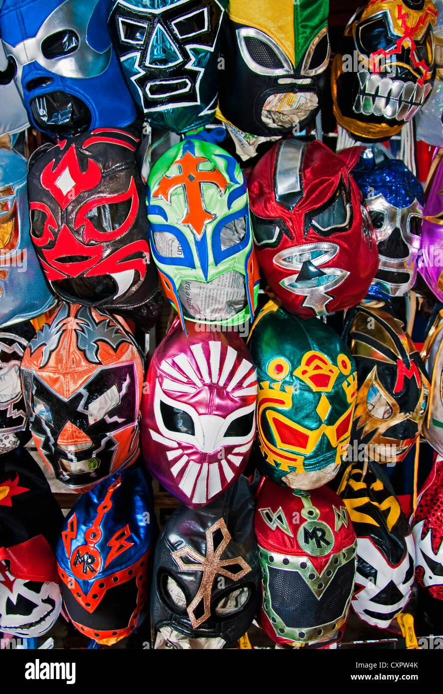 Lucha Libre masks for Mexican professional wrestling at Mercado San Juan de Dios in downtown Guadalajara Stock Photo
