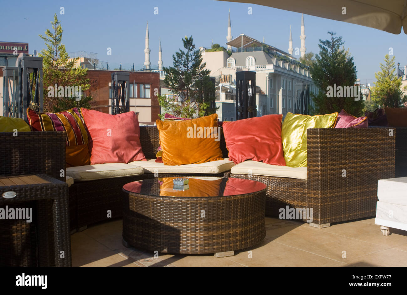 Hotel roof terrace with the Blue Mosque in the background Stock Photo