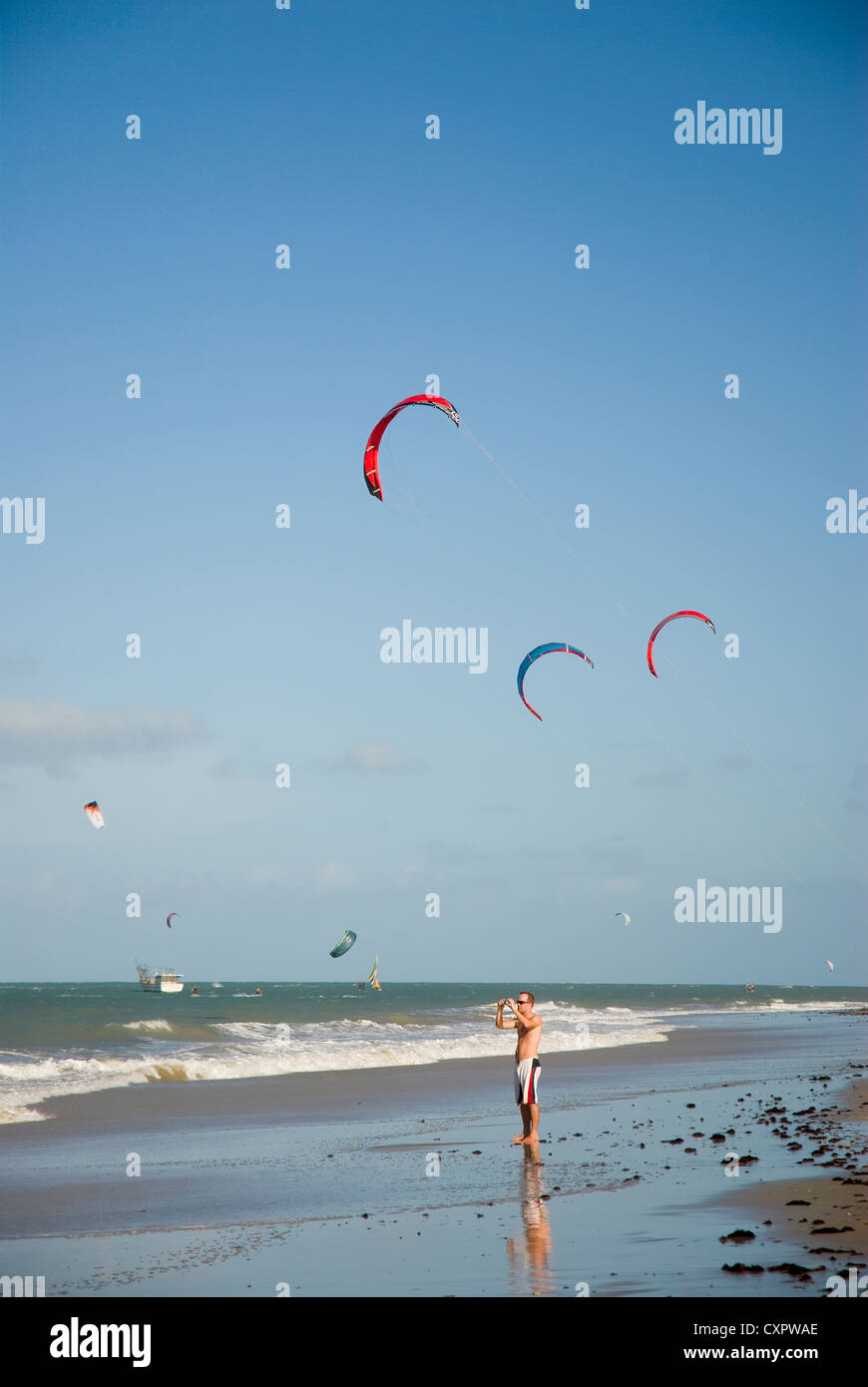 Cumbuco beach, Ceará, Brazil, kite surfers Stock Photo