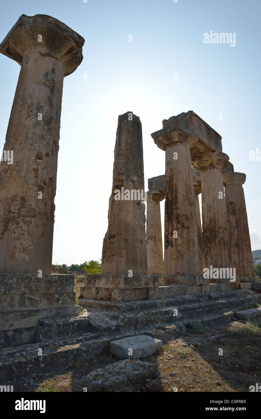 6th century BC Temple of Apollo, Ancient Corinth, Corinth Municipality, Peloponnese region, Greece Stock Photo