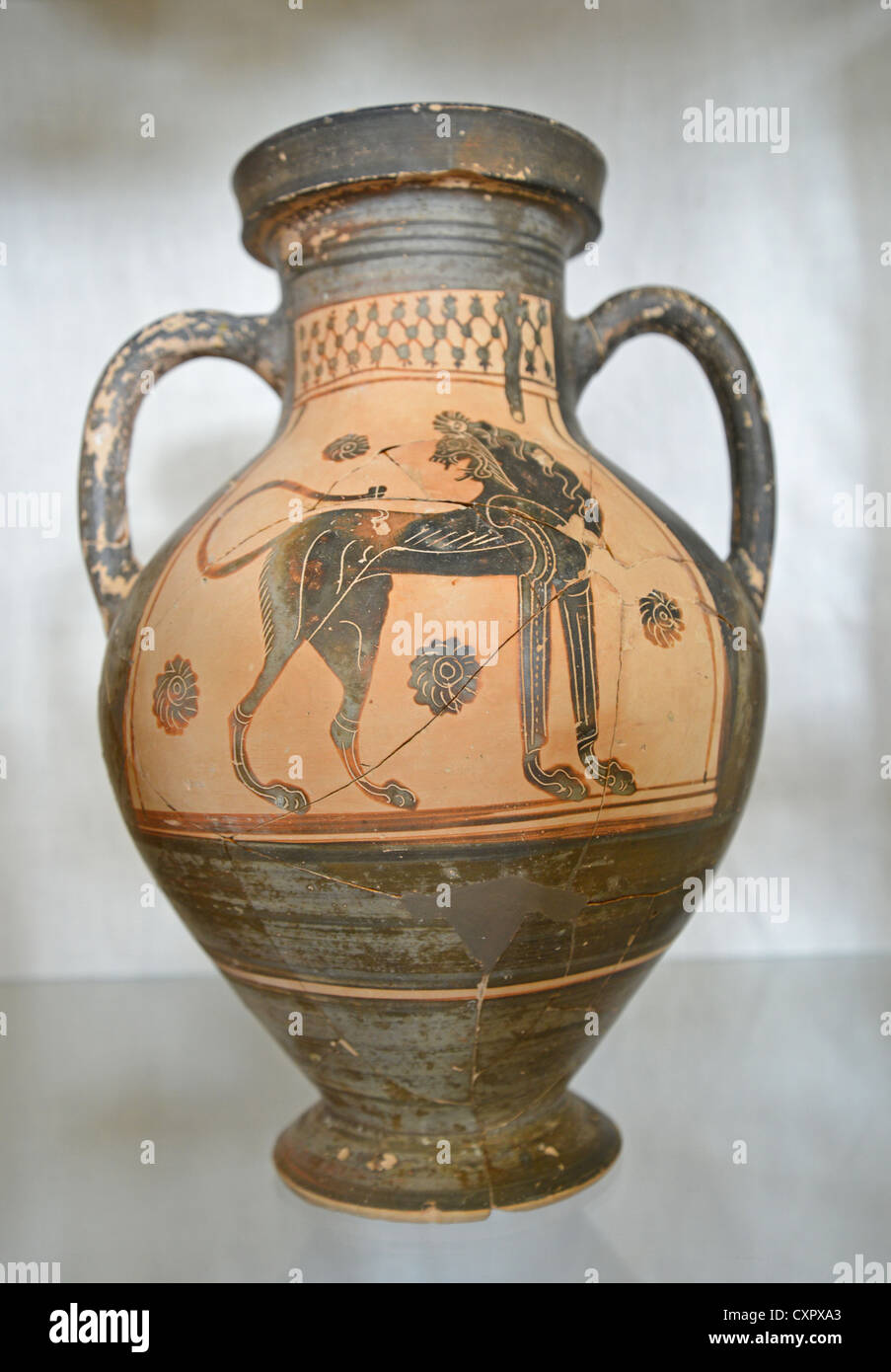 Middle Corinthian Panel-Amphora in The Archaeological Museum, Ancient Corinth, Corinth Municipality, Peloponnese Region, Greece Stock Photo