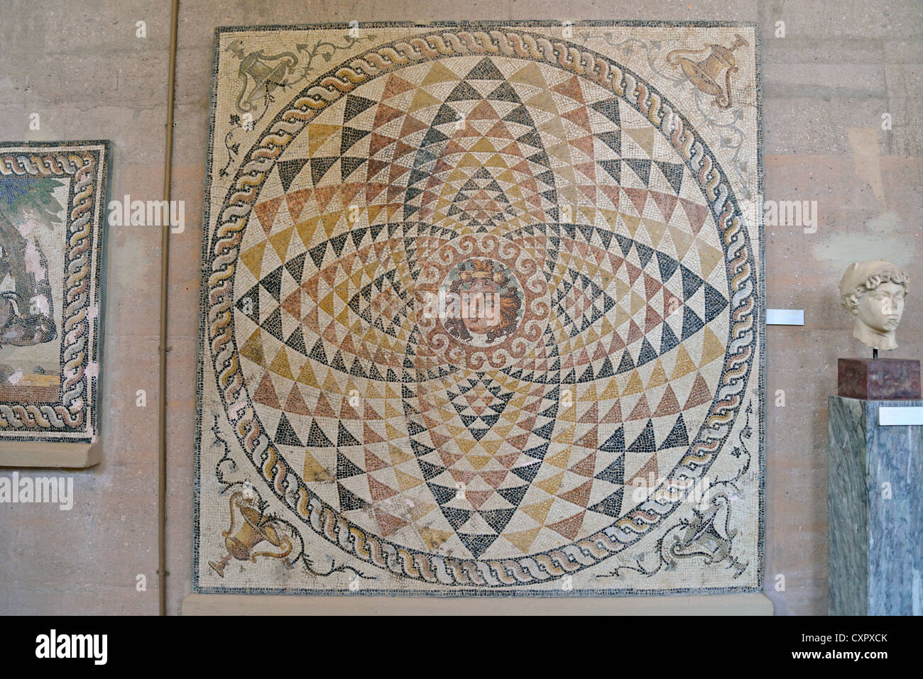 Mosaic floor panel from Roma villa, The Archaeological Museum, Ancient Corinth, Corinth Municipality, Peloponnese Region, Greece Stock Photo
