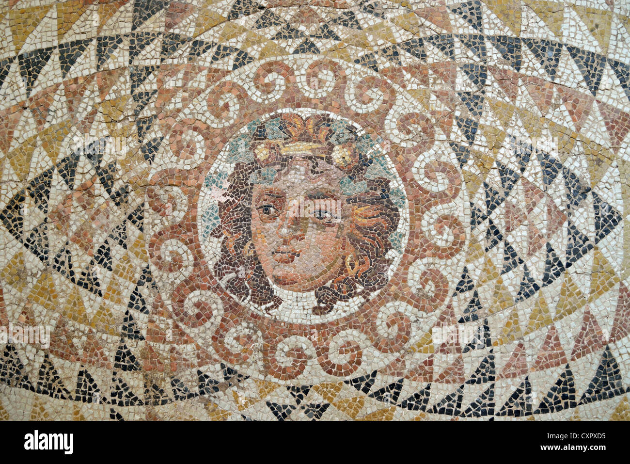 Mosaic floor panel from Roma villa, The Archaeological Museum, Ancient Corinth, Corinth Municipality, Peloponnese Region, Greece Stock Photo