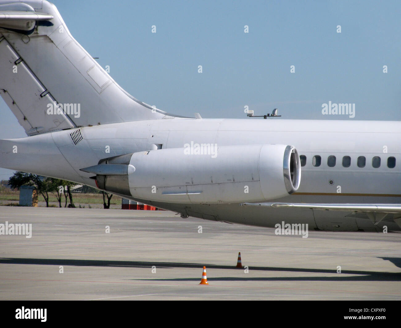 turbine engine of airplane standing in airport Stock Photo