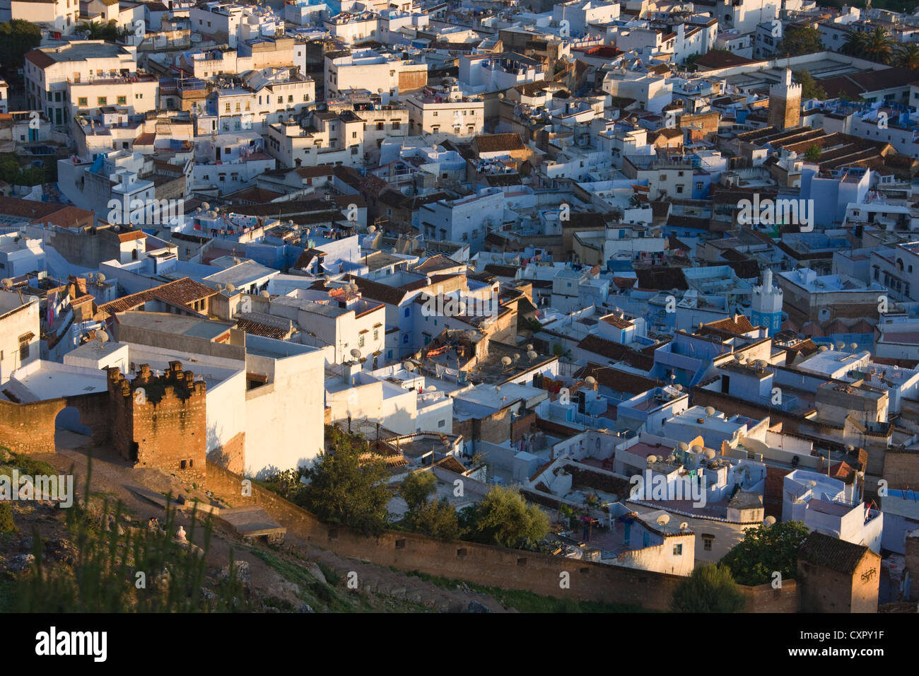 Overview of houses on the Riff Mountains, Chefchaouen, Morocco Stock ...