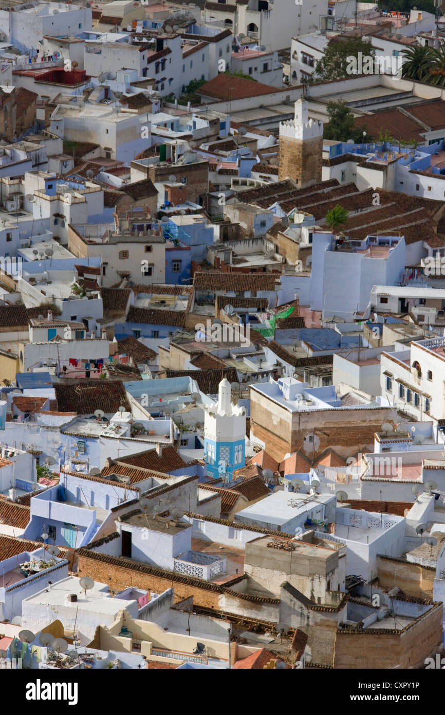 Overview of houses on the Riff Mountains, Chefchaouen, Morocco Stock Photo