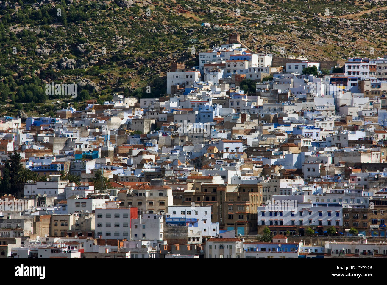 Overview of houses on the Riff Mountains, Chefchaouen, Morocco Stock Photo