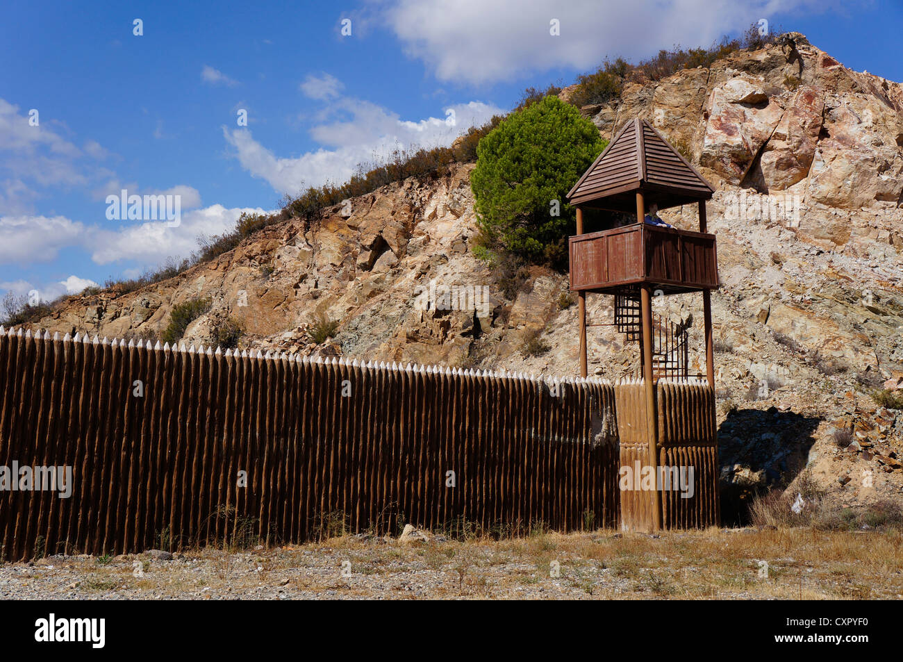Fortress with lookout tower in the old West  from the days of the wild west,  at La Reserva Sevilla El Castillo de las Guardas. Stock Photo