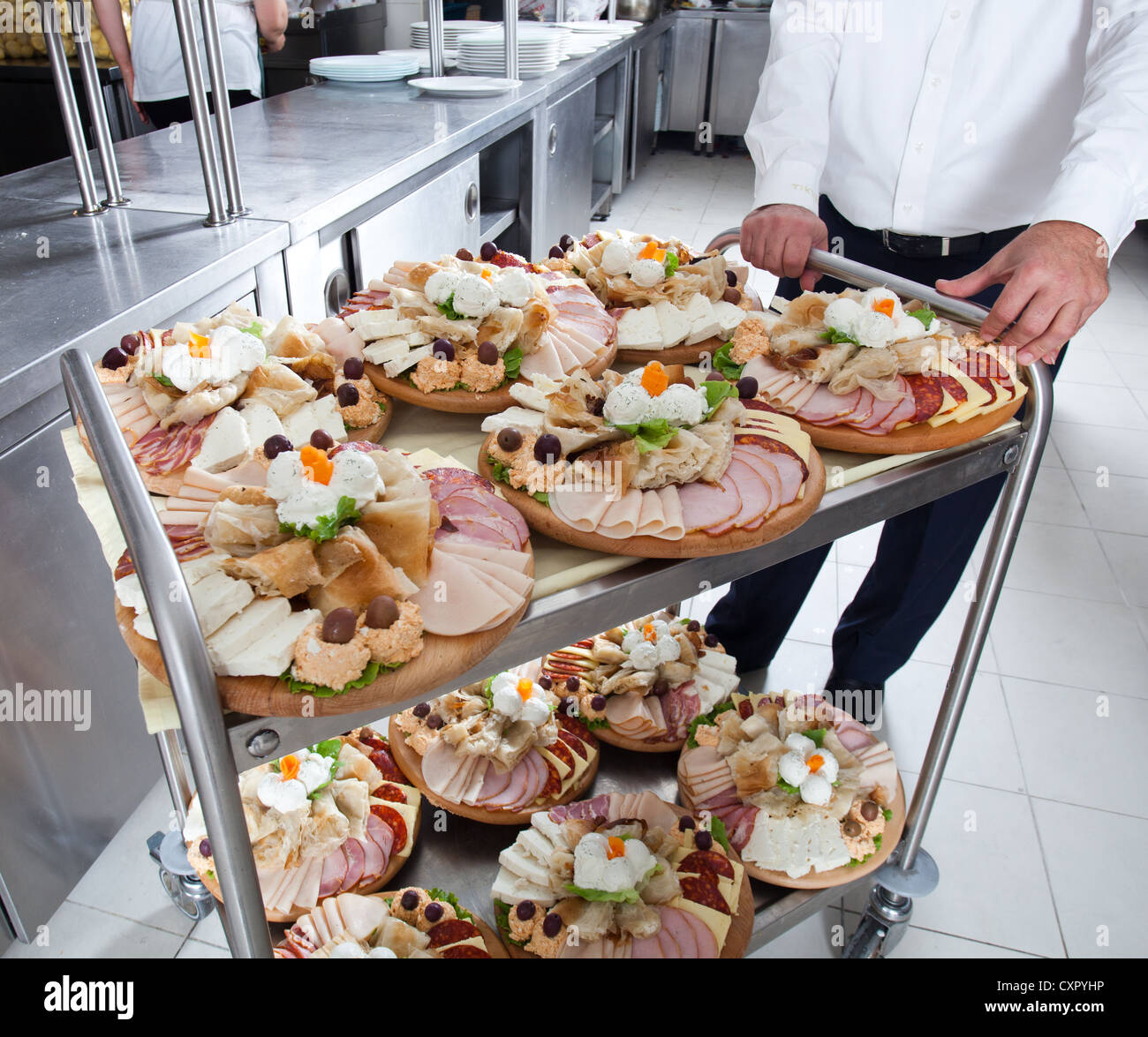 Meals on food trolley ready to be served Stock Photo