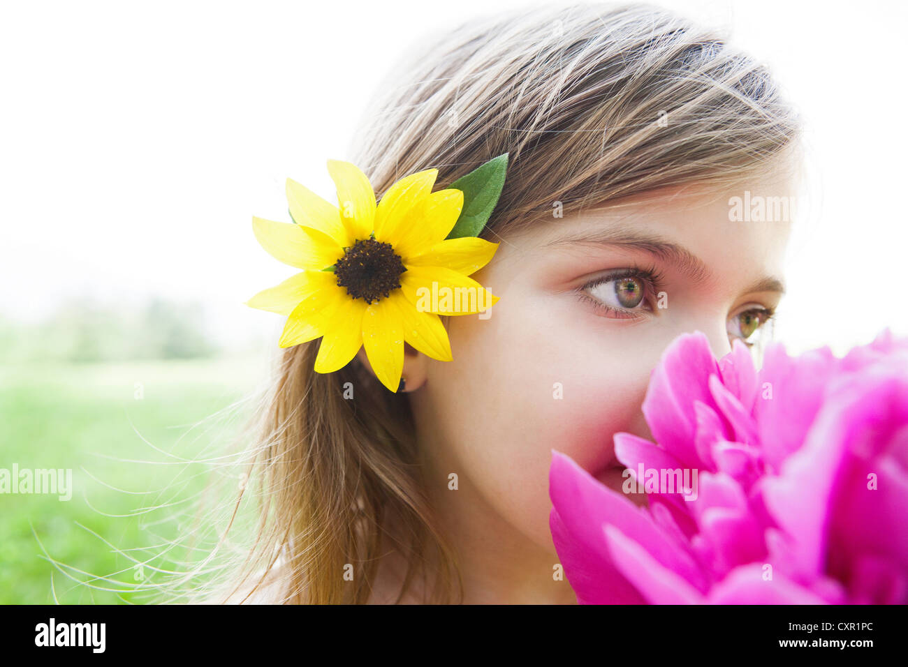 Girl with pink flower Stock Photo