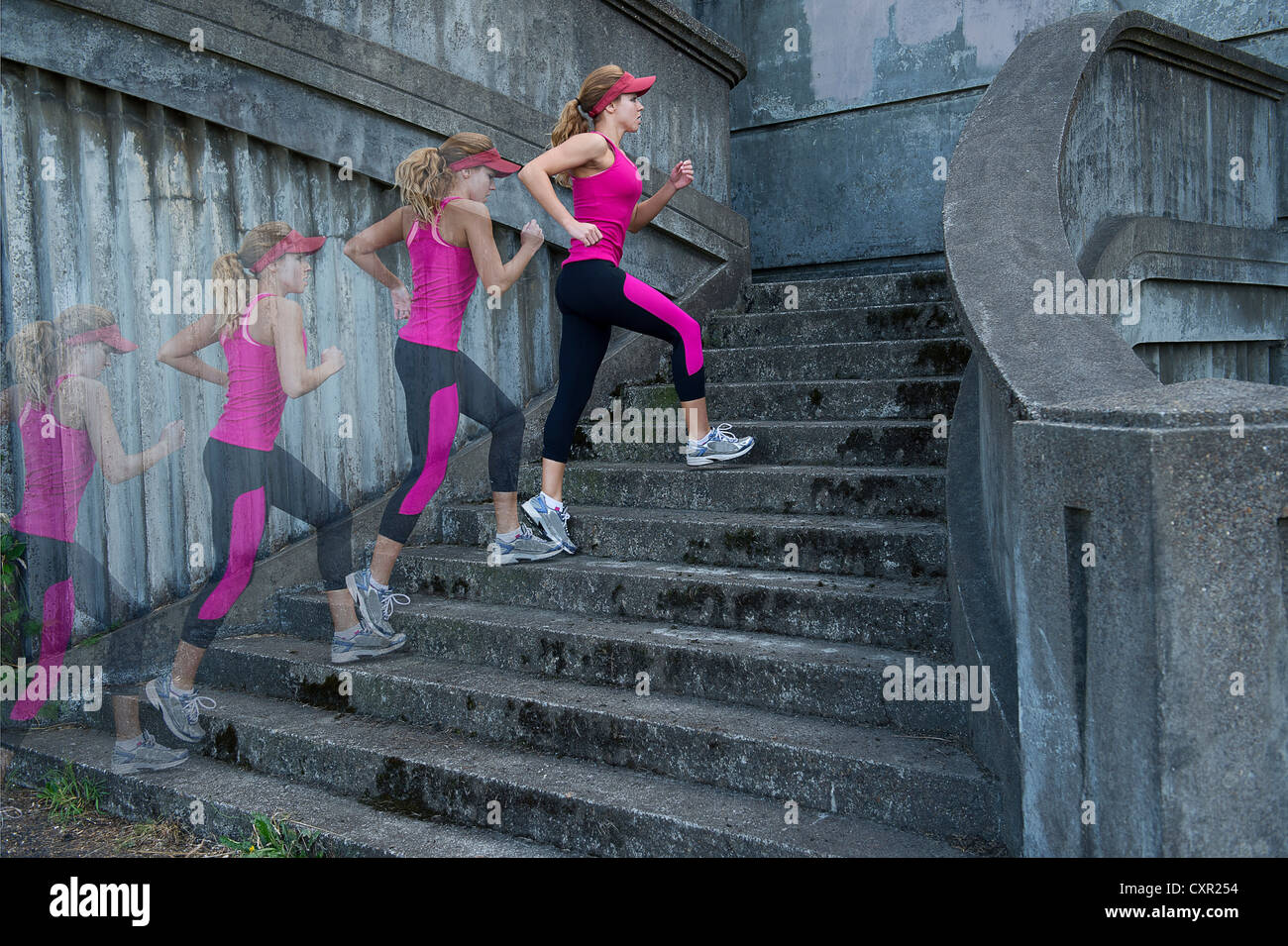 Young woman running up stairs, multiple image Stock Photo Alamy