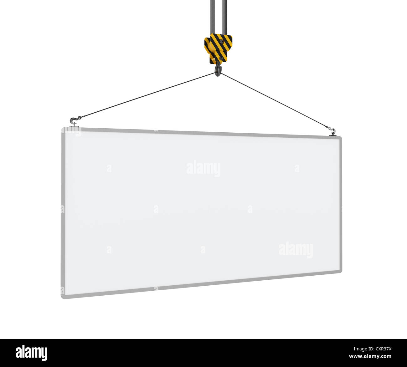 3d illustration of construction crane hook holding blank board Stock Photo