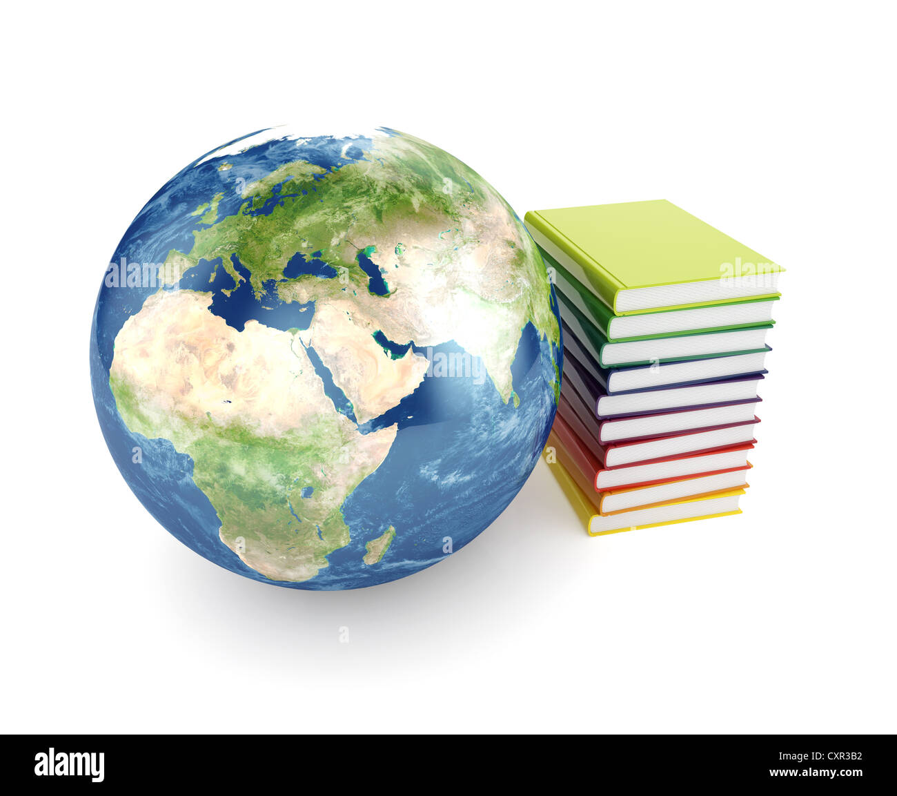 3d illustration of Earth planet and books over white Stock Photo
