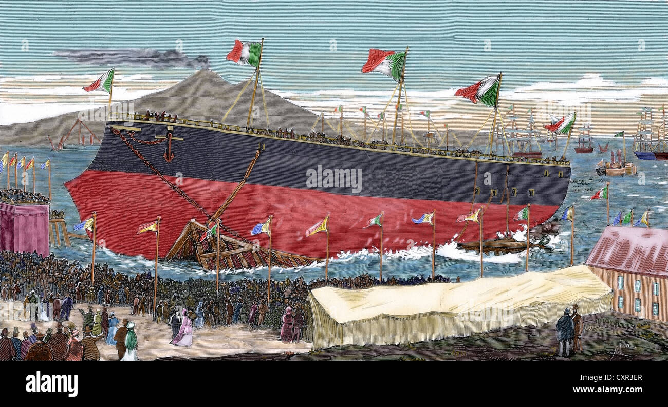 Italy. Castellmmare. Launch of the battleship L'Italia (September 29, 1880). Colored engraving. Stock Photo