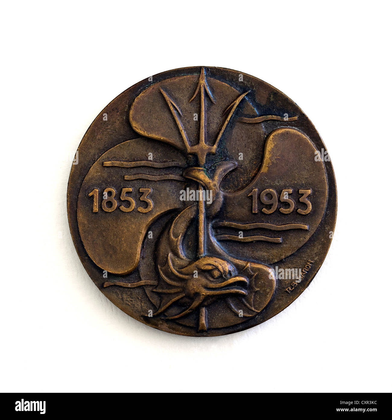 Commemorative medal issued by Compagnie des Bateaux à Vapeur du Nord (C.B.V.N) in 1953 for its centenary Stock Photo