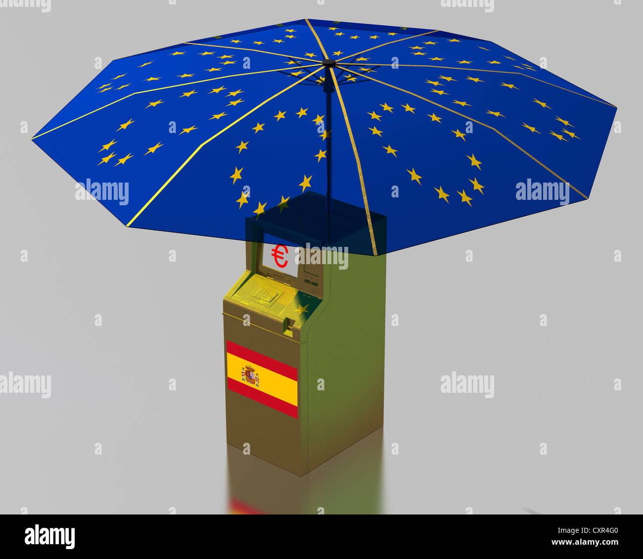 ATM with a Spanish flag beneath an umbrella with the stars of the EU, symbolic image for the euro rescue package for Spain Stock Photo