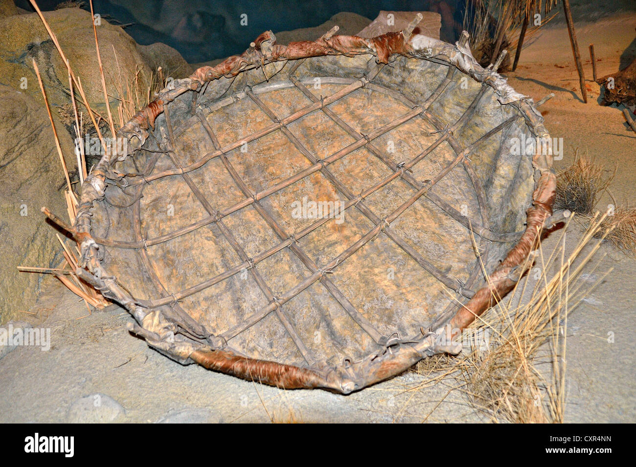 Indian basket made of branches and animal skins, Buffalo Bill Historical Center, Cody, Wyoming, USA Stock Photo