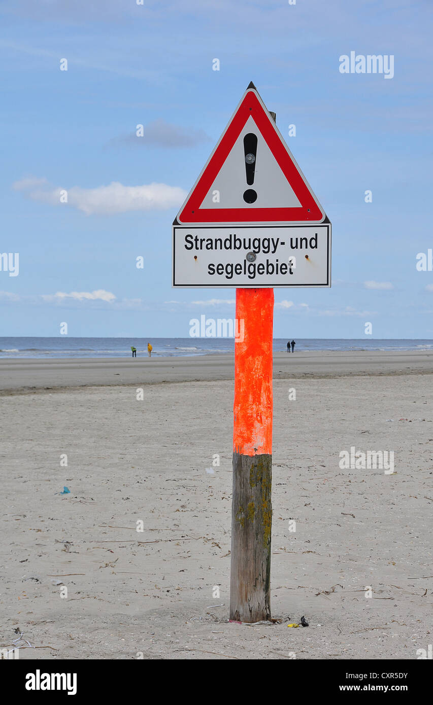 Warning sign, beach buggy and sail area, beach on the North Sea, St. Peter-Ording, Schleswig-Holstein, Germany, Europe Stock Photo