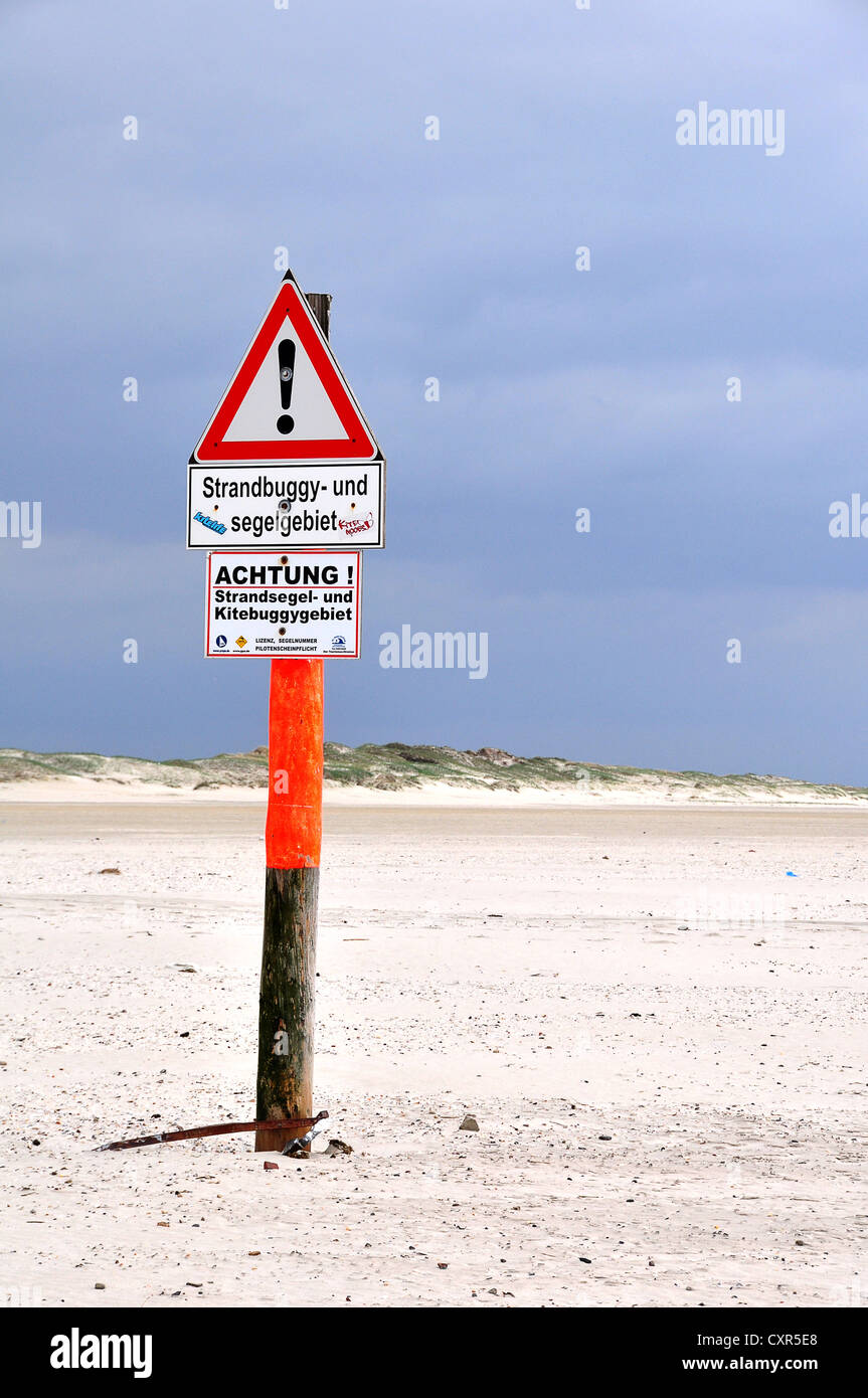 Warning sign, beach buggy and sail area, beach on the North Sea, St. Peter-Ording, Schleswig-Holstein, Germany, Europe Stock Photo