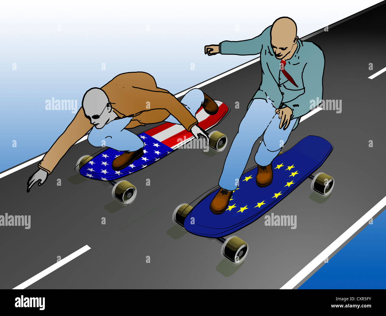 Skateboard race, symbolic image, competition between Europe and the