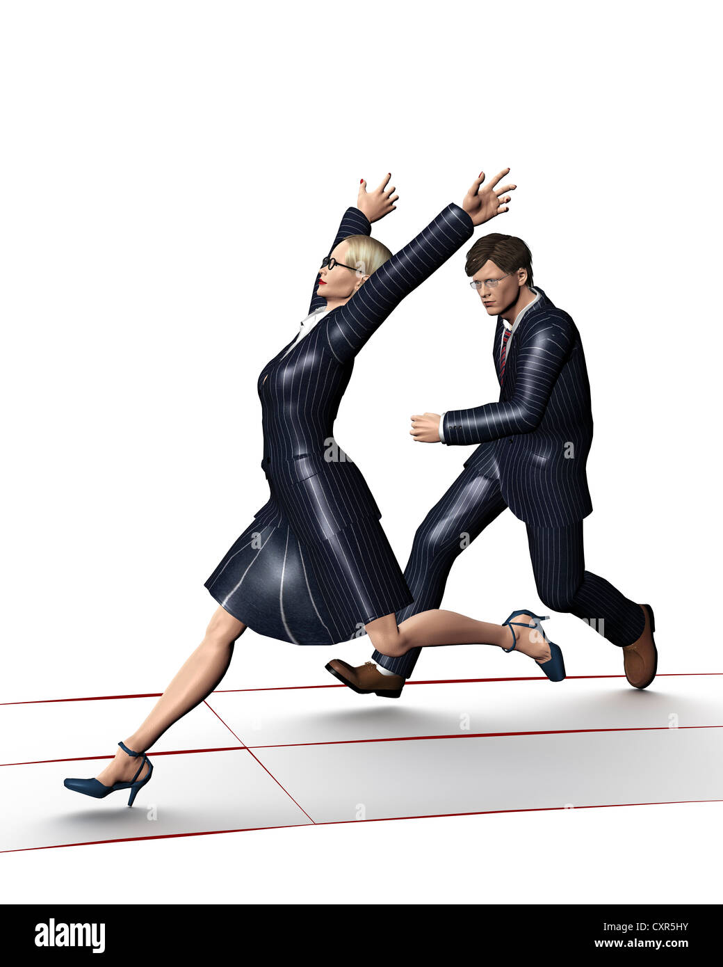 Foot race, woman crossing the finishing line before the man, symbolic image female quota, career, illustration Stock Photo