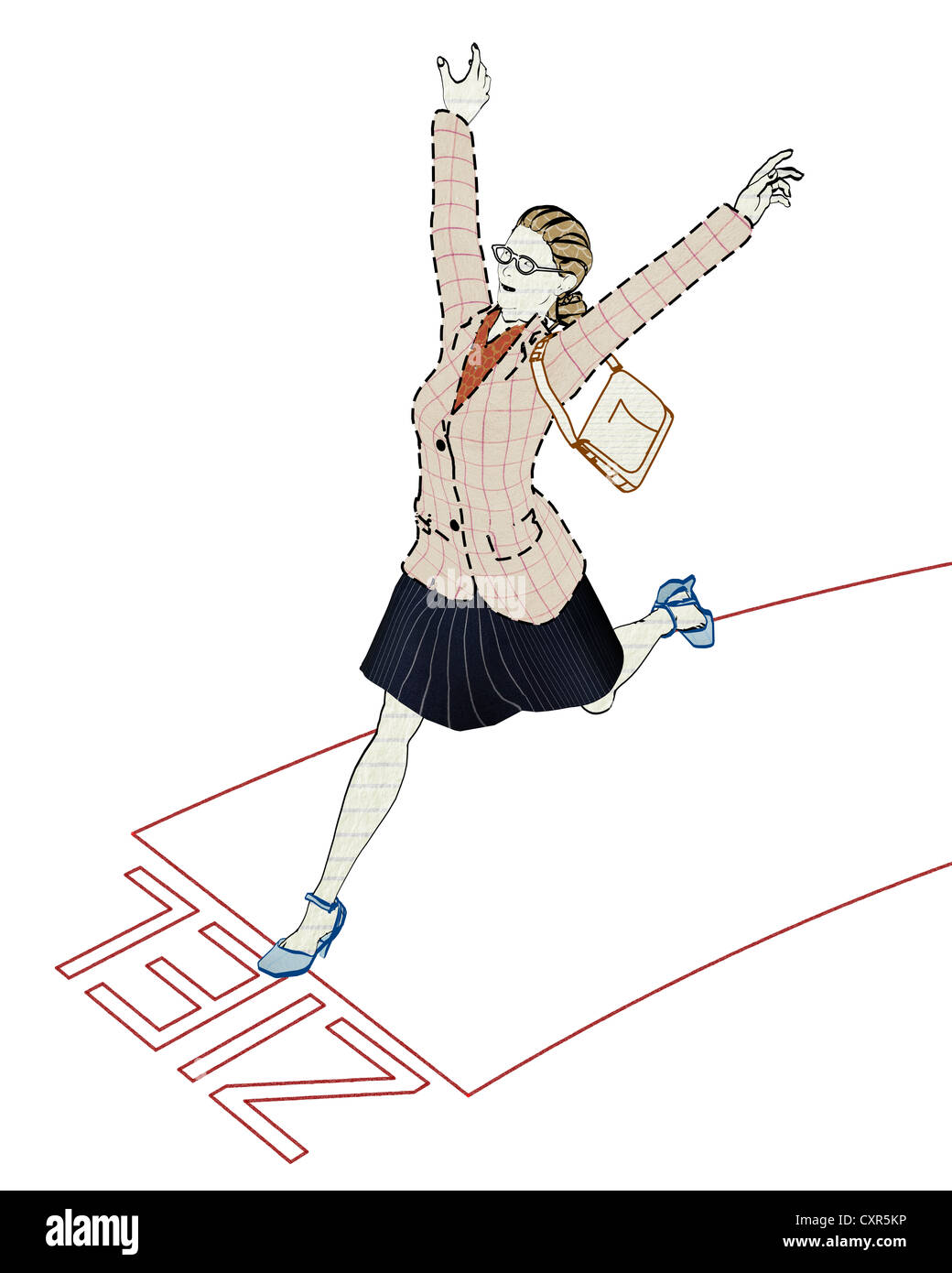 Woman jubilantly crossing the finish line, symbolic image for career