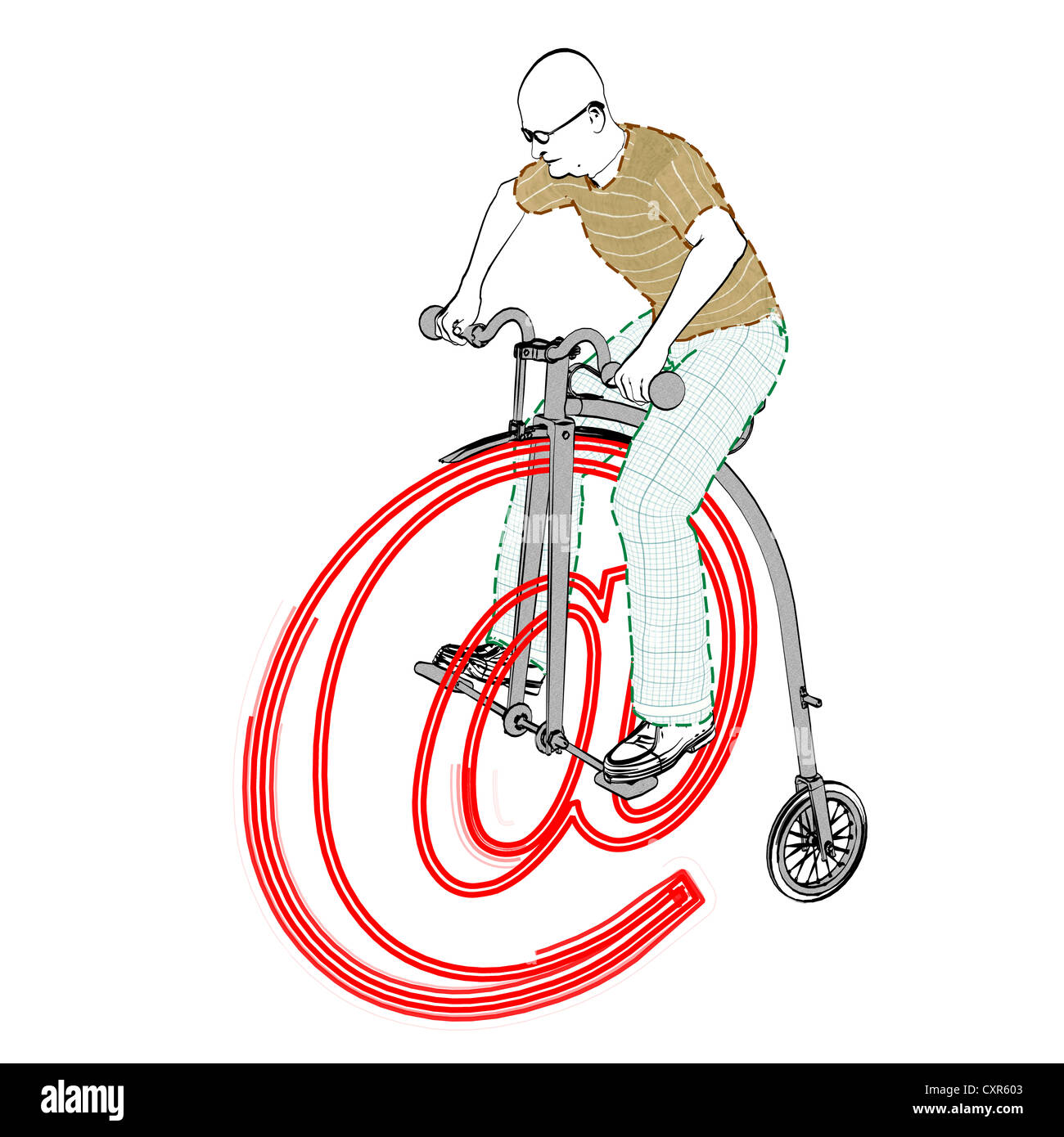 Old man riding a penny farthing bicycle consisting of an at sign, senior surfing the web, illustration Stock Photo