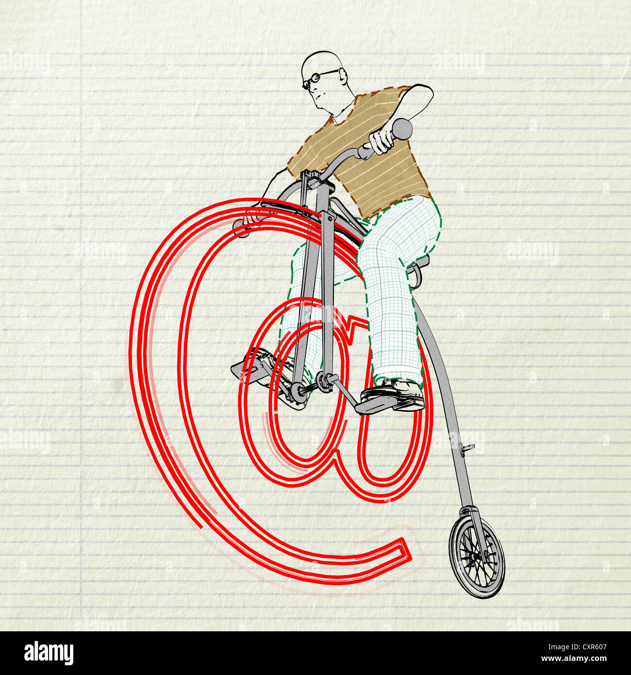 Old man riding a penny farthing bicycle consisting of an at sign, senior surfing the web, illustration Stock Photo