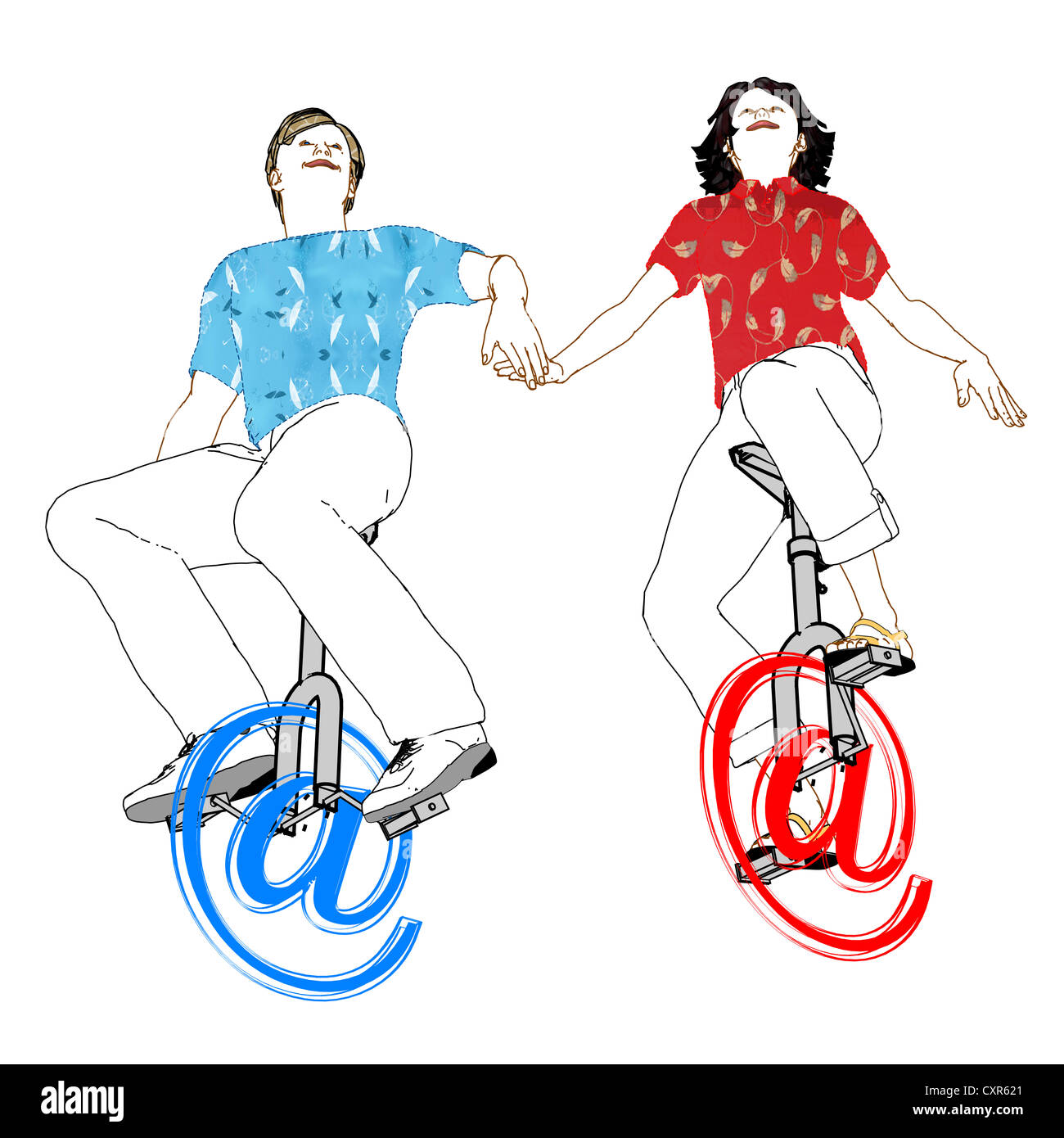 Man and woman riding on unicyles made of 'at' symbols, symbolic image for internet friendship, illustration Stock Photo
