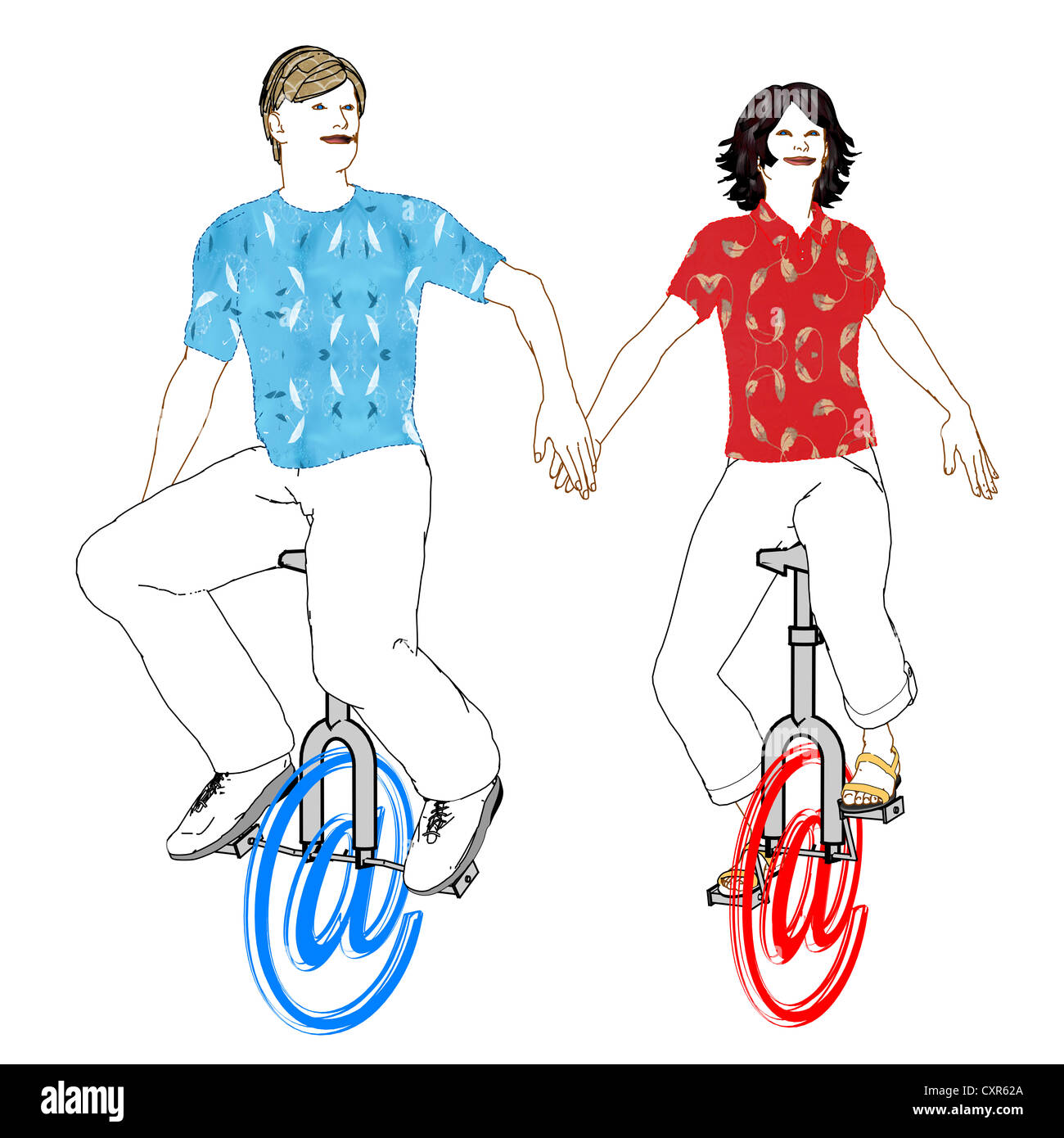 Man and woman riding on unicyles made of 'at' symbols, symbolic image for internet friendship, illustration Stock Photo