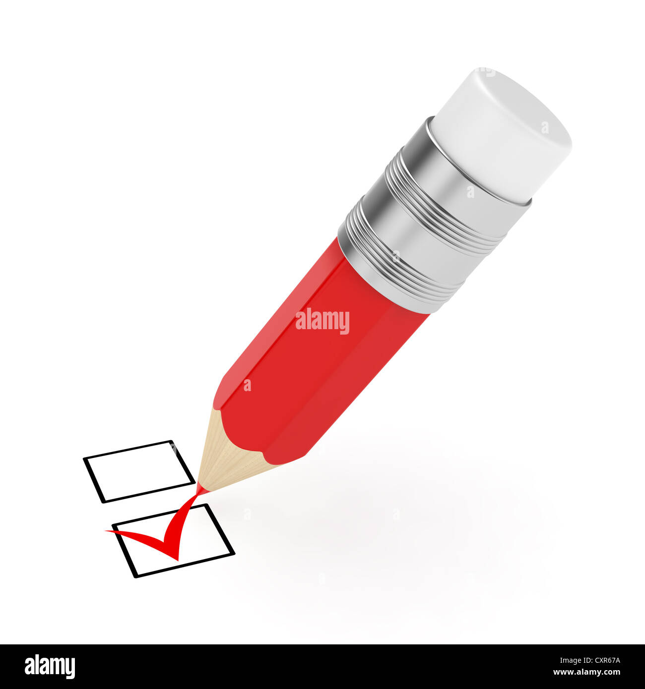 3d render of red pencil with checkmark isolated on white background Stock Photo