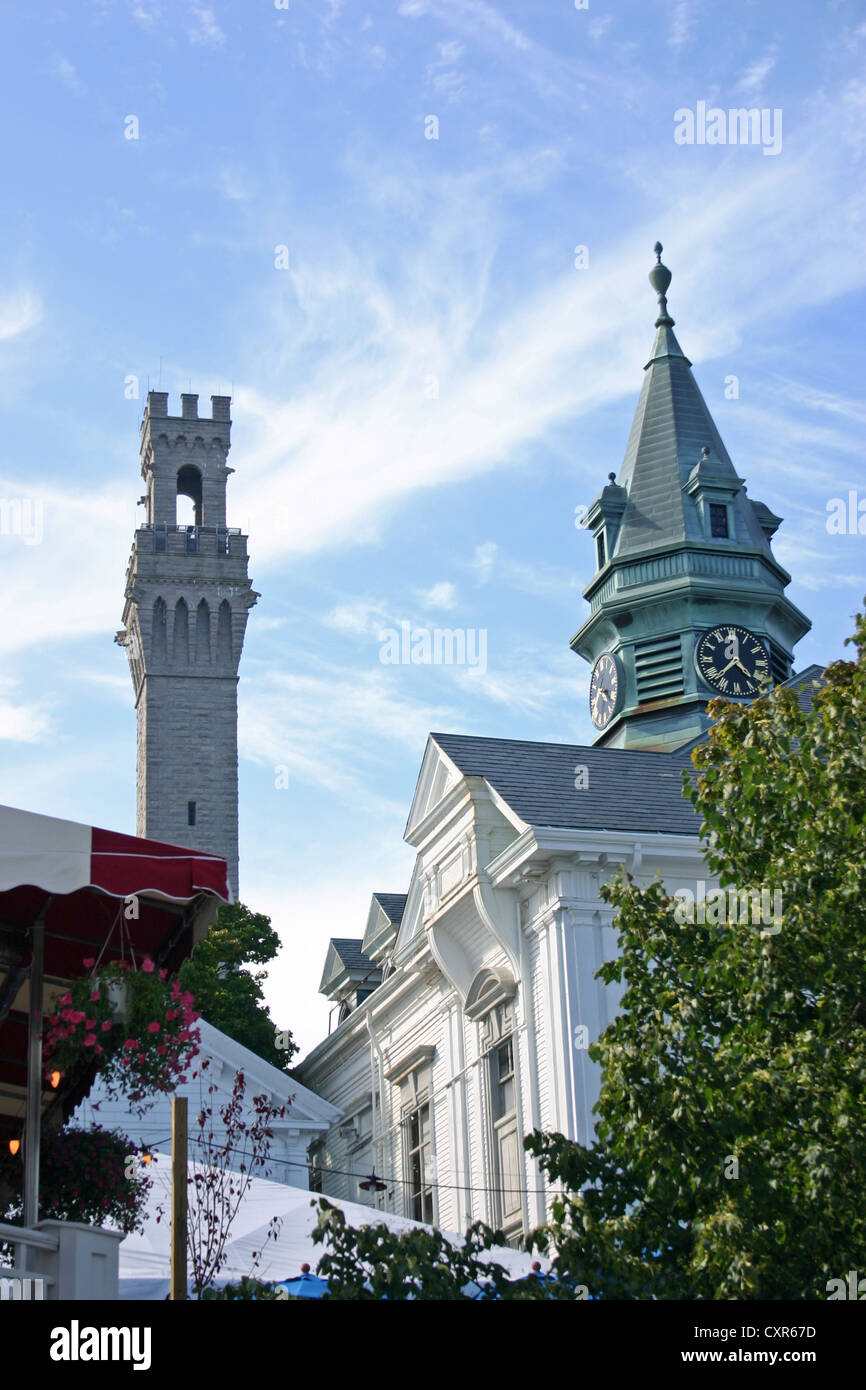A view of the town hall and Pilgrim Monument in Provincetown, Massachusetts Stock Photo