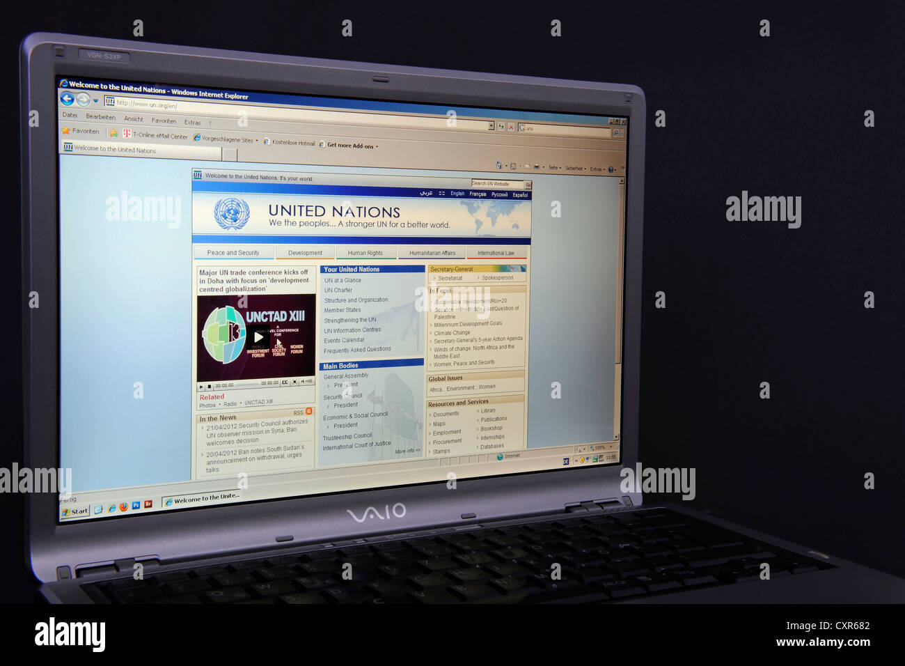 Website, webpage of the United Nations on the screen of a Sony Vaio laptop Stock Photo