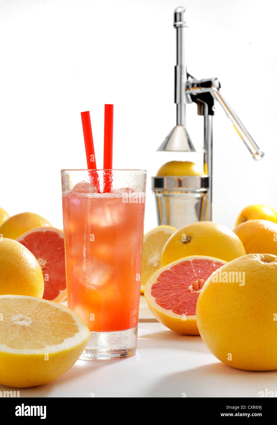 Grapefruit cocktail with Campari, full and half grapefruits, juicer Stock Photo