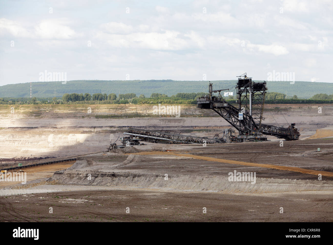 Warning signs, Inden open-cast lignite mine of RWE Power AG, community of Inden, Dueren district, North Rhine-Westphalia Stock Photo