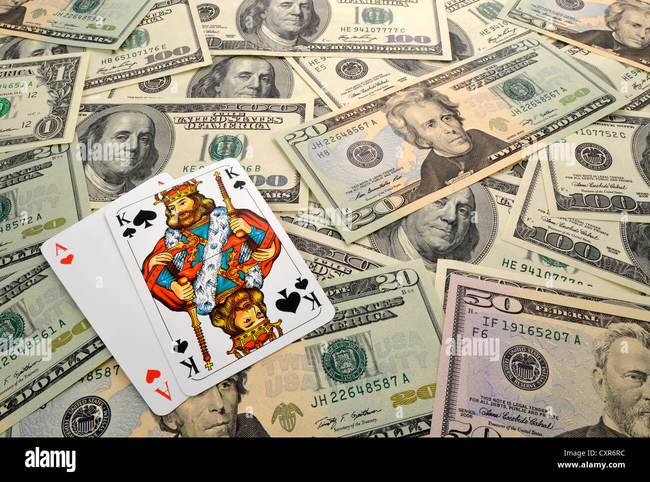 Symbolic image, gambling, dollar bills, playing cards, Blackjack, 21