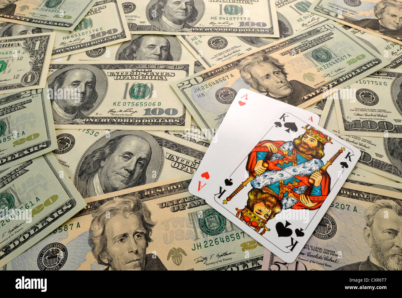 Symbolic image, gambling, dollar bills, playing cards, Blackjack, 21