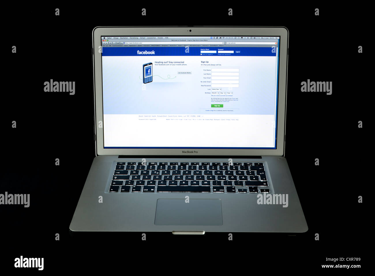 Facebook website, social networking, English, Apple MacBook Pro laptop Stock Photo