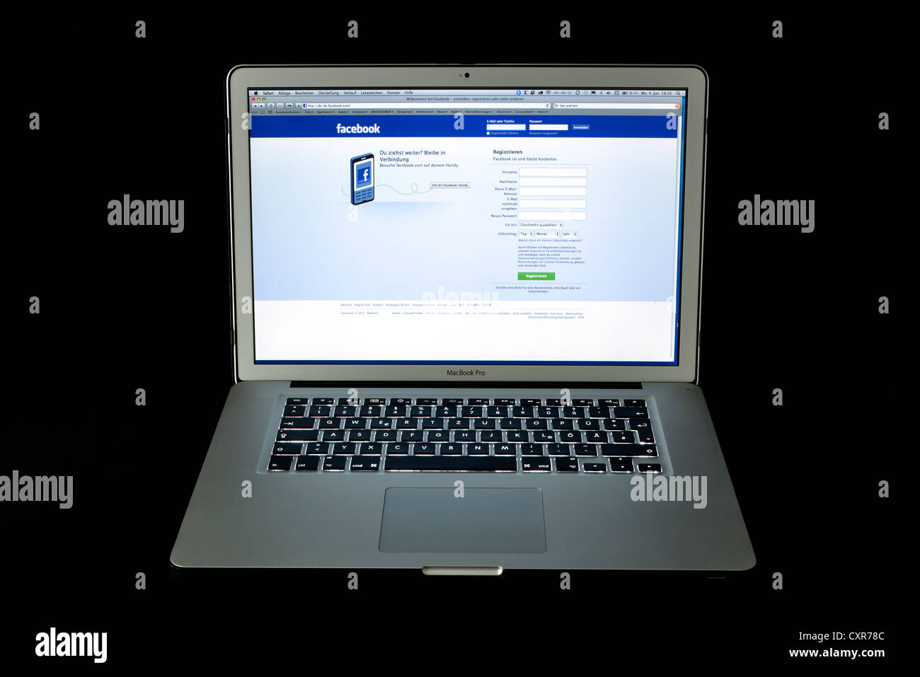 Facebook website, social networking, German, Apple MacBook Pro laptop Stock Photo