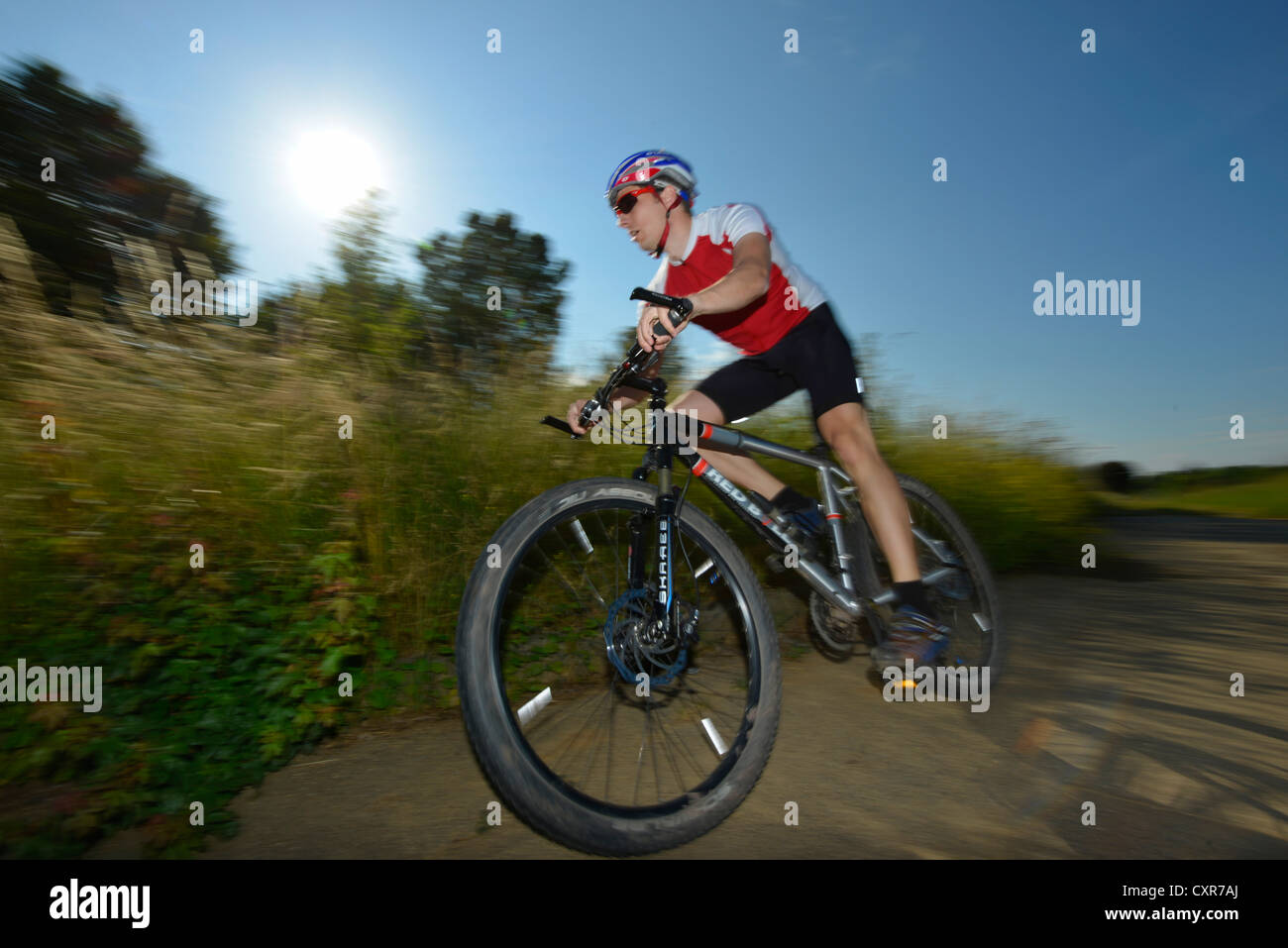 Cyclist riding a mountain bike, bicycle, Stuttgart, BadenWuerttemberg