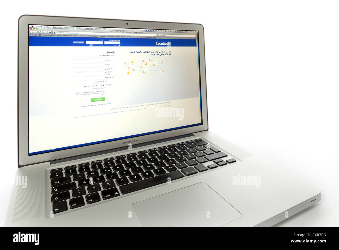 Arab language version of Facebook, social networking website displayed on the screen of an Apple MacBook Pro Stock Photo