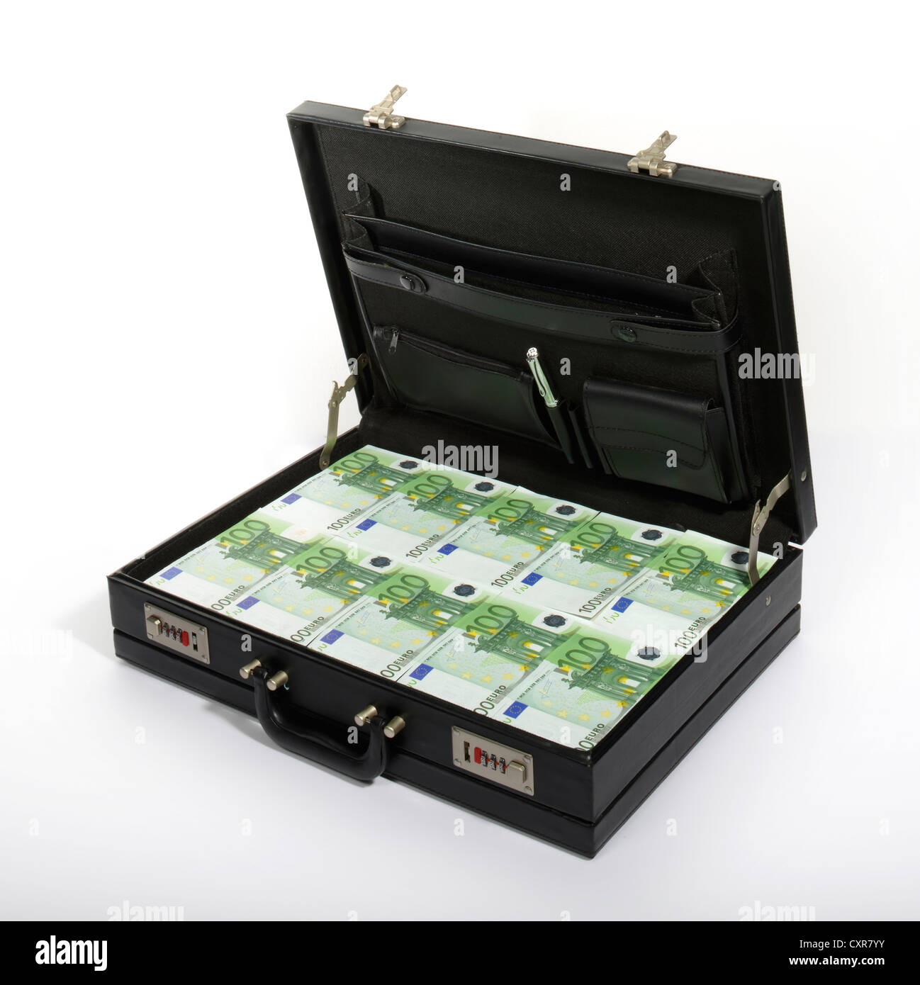 100-euro banknotes in a briefcase, suitcase of money Stock Photo